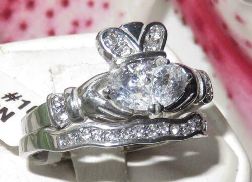 Jewellery Kingdom Irish claddagh Cubic Zirconia Ladies Engagement Band Ring Set (Silver) Secondary image
