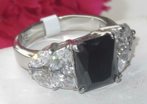 Jewellery Kingdom Jet Emerald Cut 4 Carat Cubic Zirconia Ladies Ring (Black & Silver) - Jewelry Rings - British D'sire