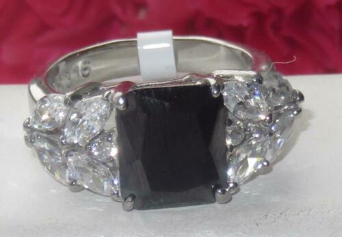 Jewellery Kingdom Jet Emerald Cut 4 Carat Cubic Zirconia Ladies Ring (Black & Silver) - Jewelry Rings - British D'sire