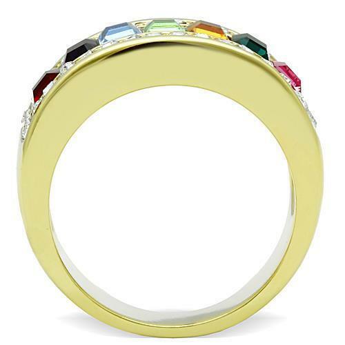 Jewellery Kingdom Ladies 10mm Cubic Zirconia Princess Multi Colour Gems Gold Band Ring - Jewelry Rings - British D'sire