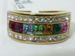 Jewellery Kingdom Ladies 10mm Cubic Zirconia Princess Multi Colour Gems Gold Band Ring - Jewelry Rings - British D'sire