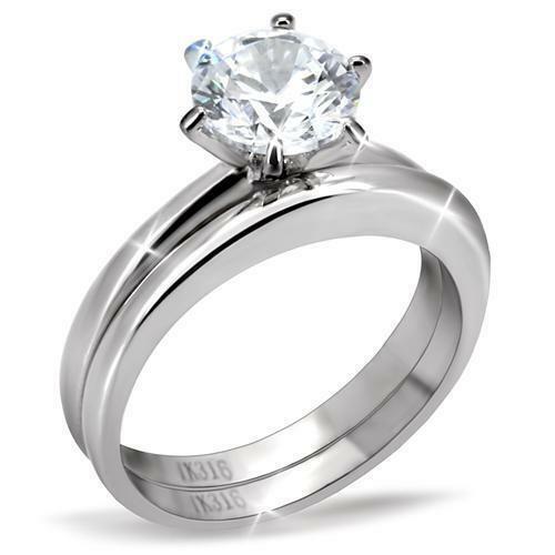 Jewellery Kingdom Ladies 2 Carat Cz Stainless Steel Wedding Band Engagement Ring Set (Silver) - Jewelry Rings - British D'sire