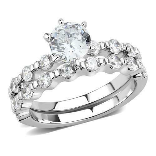 Jewellery Kingdom Ladies 2pcs Engagement Set Wedding Band Cz Rhodium Ring (Silver) - Jewelry Rings - British D'sire