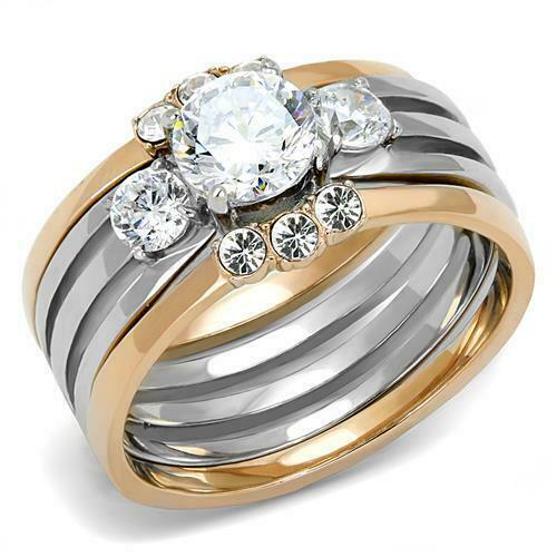 Jewellery Kingdom Ladies 3 Stone Engagement Wedding Band Stainless Steel Cubic Zirconia Ring Set (Rose Gold) - Jewelry Rings - British D'sire Main image