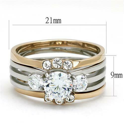 Jewellery Kingdom Ladies 3 Stone Engagement Wedding Band Stainless Steel Cubic Zirconia Ring Set Secondary image