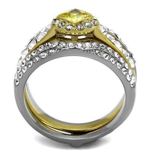 Jewellery Kingdom Ladies 3pc Set Citrine Gold Yellow 18kt Wedding Engagement Band Steel Ring - Jewelry Rings - British D'sire