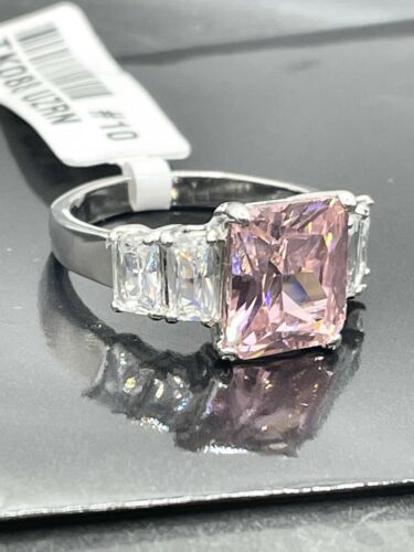 Jewellery Kingdom Ladies 6 Carat Pink Sapphire Emerald Cuts Cz Stainless Steel Silver Ring - Jewelry Rings - British D'sire Main image