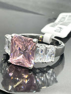 Jewellery Kingdom Ladies 6 Carat Pink Sapphire Emerald Cuts Cz Stainless Steel Silver Ring - Jewelry Rings - British D'sire