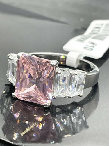 Jewellery Kingdom Ladies 6 Carat Pink Sapphire Emerald Cuts Cz Stainless Steel Silver Ring - Jewelry Rings - British D'sire