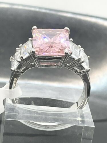 Jewellery Kingdom Ladies 6 Carat Pink Sapphire Emerald Cuts Cz Stainless Steel Silver Ring - Jewelry Rings - British D'sire