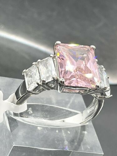 Jewellery Kingdom Ladies 6 Carat Pink Sapphire Emerald Cuts Cz Stainless Steel Silver Ring - Jewelry Rings - British D'sire