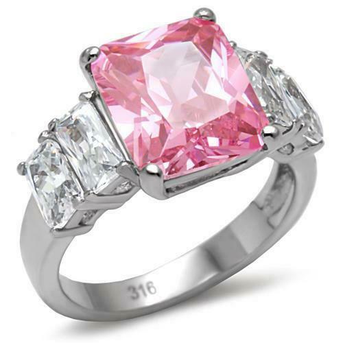 Jewellery Kingdom Ladies 6 Carat Pink Sapphire Emerald Cuts Cz Stainless Steel Silver Ring - Jewelry Rings - British D'sire