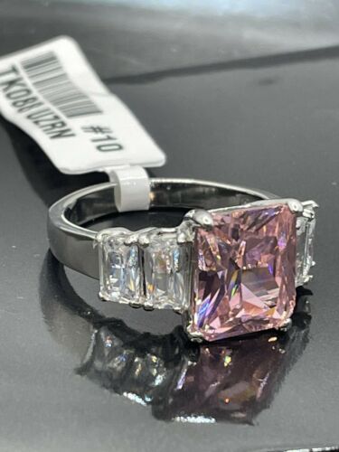 Jewellery Kingdom Ladies 6 Carat Pink Sapphire Emerald Cuts Cz Stainless Steel Silver Ring - Jewelry Rings - British D'sire