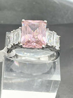 Jewellery Kingdom Ladies 6 Carat Pink Sapphire Emerald Cuts Cz Stainless Steel Silver Ring - Jewelry Rings - British D'sire