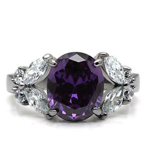 Jewellery Kingdom Ladies Amethyst Cz Marquise Oval Stainless Steel Purple Dress Ring (Silver) - Jewelry Rings - British D'sire