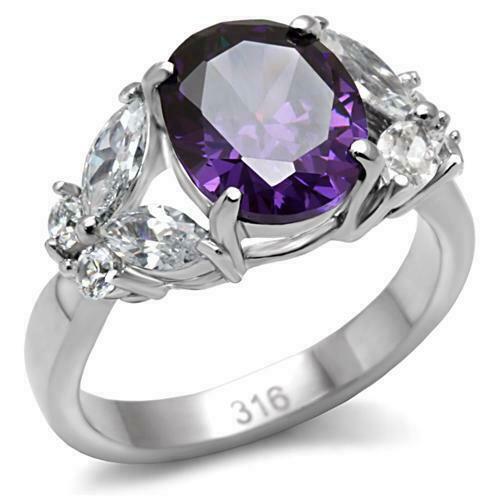 Jewellery Kingdom Ladies Amethyst Cz Marquise Oval Stainless Steel Purple Dress Ring (Silver) - Jewelry Rings - British D'sire