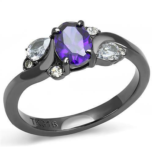 Jewellery Kingdom Ladies Amethyst Cz Purple Pear Oval 1.5 Carat Black Stainless Steel Ring - Jewelry Rings - British D'sire