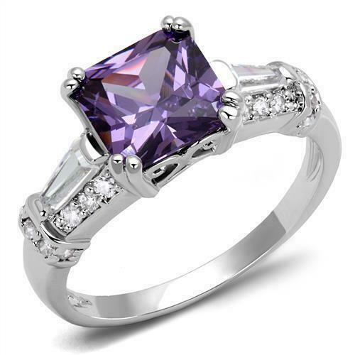 Jewellery Kingdom Ladies Amethyst Princess Square Emerald Cuts Rhodium Ring (Silver Purple) - Jewelry Rings - British D'sire