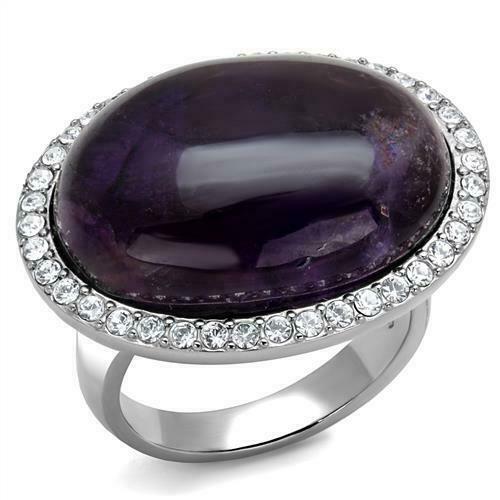 Jewellery Kingdom Ladies Amethyst Ring Purple Cocktail Semi Precious Statement Clear Cz Steel - Jewelry Rings - British D'sire