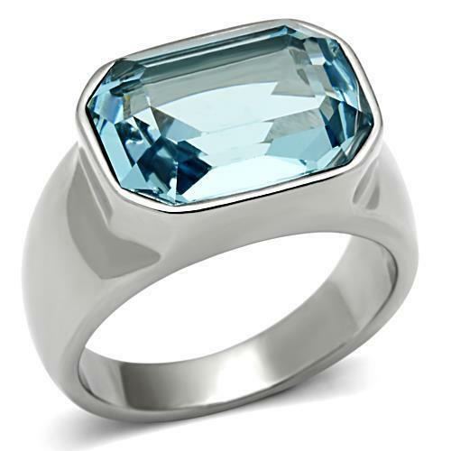 Jewellery Kingdom Ladies Aquamarine Cubic Zirconia 6 Carat Stainless Steel Solitaire Chunky Ring (Blue) - Jewelry Rings - British D'sire