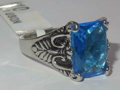 Jewellery Kingdom Ladies Aquamarine Emerald Cut Cz Blue Stainless Steel Silver Cocktail Ring - Jewelry Rings - British D'sire