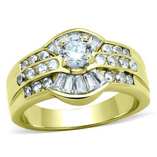 Jewellery Kingdom Ladies Art Deco Baguettes Solitaire 18kt Steel No Tarnish Ring (Gold) - Jewelry Rings - British D'sire