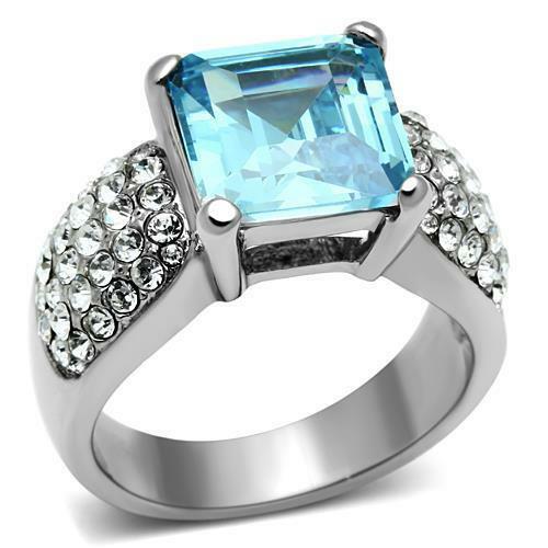 Jewellery Kingdom Ladies Asscher Aquamarine Cubic Zirconia Silver Stainless Steel Cocktail Ring (Blue) - Jewelry Rings - British D'sire