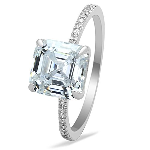 Jewellery Kingdom Ladies Asscher Cut Solitaire Accents 3CT Engagement Ring (Sterling Silver) - Jewelry Rings - British D'sire Main image