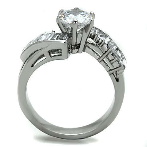 Jewellery Kingdom Ladies Baguettes Cz Solitaire 3 Carat Swirl Stainless Steel Silver Ring - Jewelry Rings - British D'sire Main image