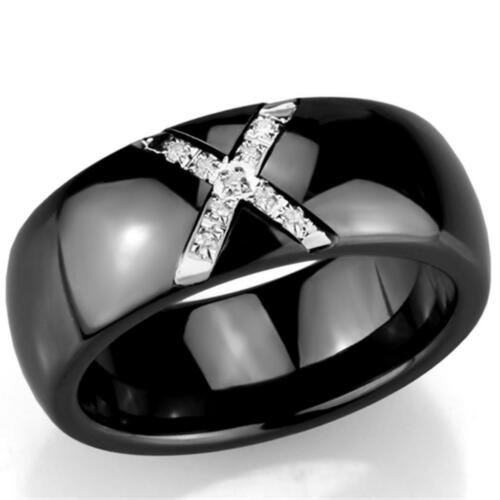 Jewellery Kingdom Ladies Band 10mm Ceramic Stainless Steel Cz Chunky Cross Shiney Ring (Black) - Jewelry Rings - British D'sire Main image
