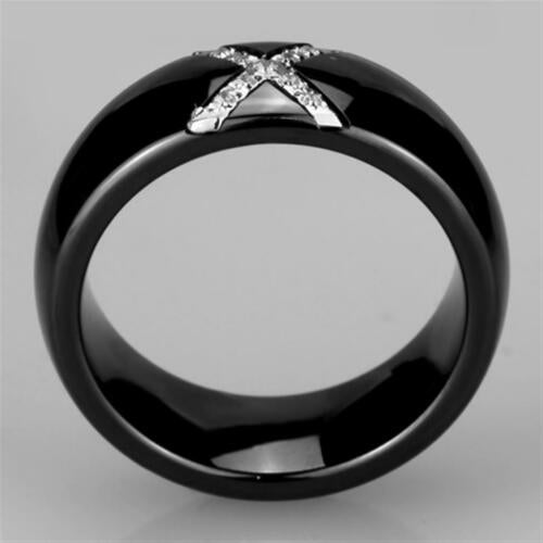 Jewellery Kingdom Ladies Band 10mm Ceramic Stainless Steel Cz Chunky Cross Shiney Ring (Black) - Jewelry Rings - British D'sire