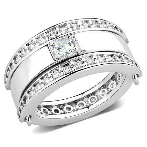 Jewellery Kingdom Ladies Band 10mm Reversible Hinged Cubic Zirconia Three Row Princess Eternity Ring (Silver) - Jewelry Rings - British D'sire Main image