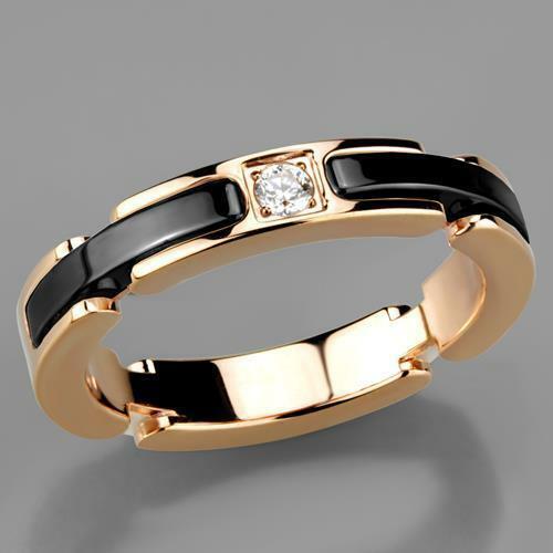 Jewellery Kingdom Ladies Band Ceramic Cubic zirconia Solitaire Steel 14CT Ring (Rose Gold & Black) - Jewelry Rings - British D'sire