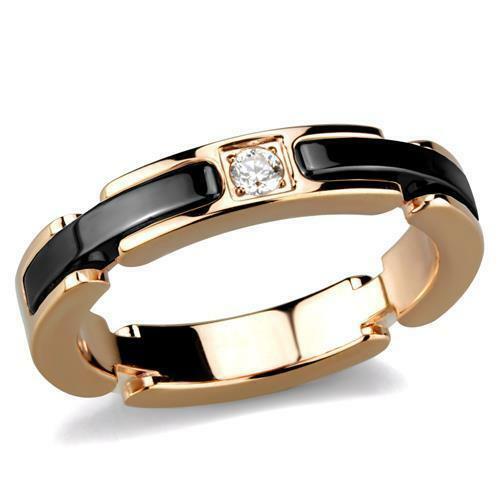Jewellery Kingdom Ladies Band Ceramic Cubic zirconia Solitaire Steel 14CT Ring (Rose Gold & Black) - Jewelry Rings - British D'sire Main image