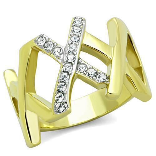 Jewellery Kingdom Ladies Band Cz Wide 18kt Steel Cross Contemporary Ring (Gold) - Jewelry Rings - British D'sire