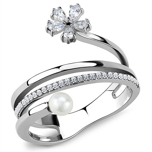 Jewellery Kingdom Ladies Band Flower Pearl Pear Sparkling Stainless Steel Ring (Silver) - Jewelry Rings - British D'sire Main image