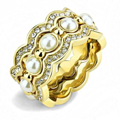 Jewellery Kingdom Ladies Bands Stacking Pearl 3pcs 18kt Steel Full Eternity Size N Ring Set (Gold) - Jewelry Rings - British D'sire