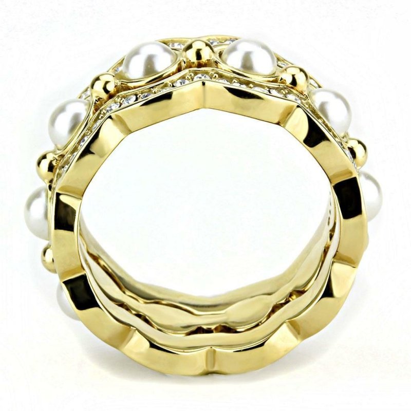 Jewellery Kingdom Ladies Bands Stacking Pearl 3pcs 18kt Steel Full Eternity Size N Ring Set (Gold) - Jewelry Rings - British D'sire