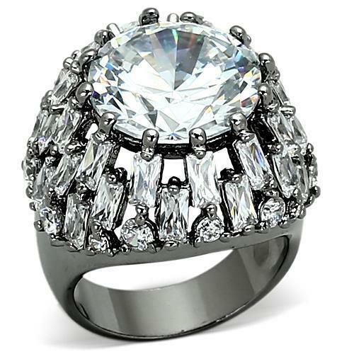 Jewellery Kingdom Ladies Big Dome Emerald Cocktail Cz Ruthenium 20 carat Statement Ring (Silver) - Jewelry Rings - British D'sire Main image
