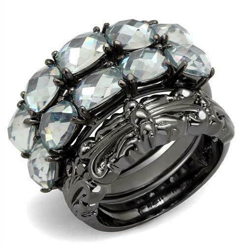Jewellery Kingdom Ladies Black Bands Set Cz Oval Stacking Colbalt Black Steel Cz 3pcs Rings - Jewelry Rings - British D'sire Main image