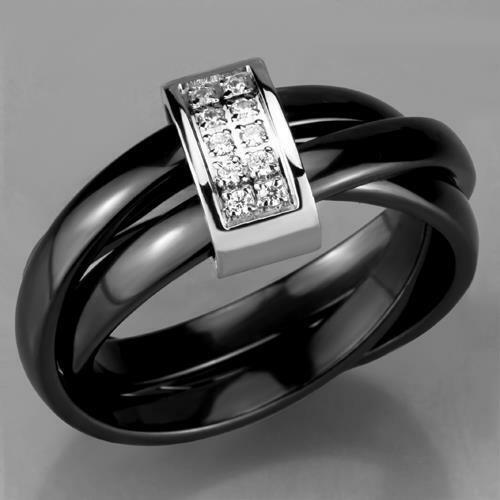 Jewellery Kingdom Ladies Black Ceramic Band Russian Cz Stainless Steel Interlocking Rings - Jewelry Rings - British D'sire