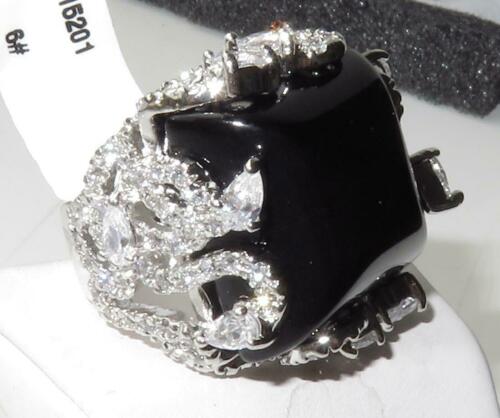 Jewellery Kingdom Ladies Black Cocktail Cz 4 Carat Statement Jet Square Rhodium Silver Ring - Jewelry Rings - British D'sire