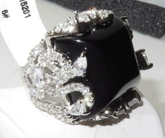 Jewellery Kingdom Ladies Black Cocktail Cz 4 Carat Statement Jet Square Rhodium Silver Ring - Jewelry Rings - British D'sire