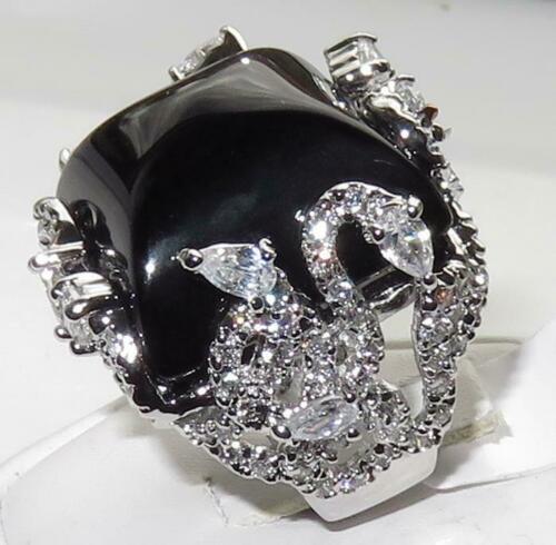 Jewellery Kingdom Ladies Black Cocktail Cz 4 Carat Statement Jet Square Rhodium Silver Ring - Jewelry Rings - British D'sire