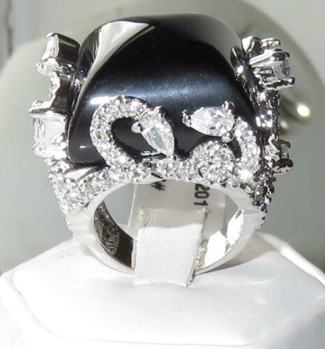 Jewellery Kingdom Ladies Black Cocktail Cz 4 Carat Statement Jet Square Rhodium Silver Ring - Jewelry Rings - British D'sire