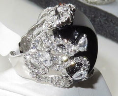 Jewellery Kingdom Ladies Black Cocktail Cz 4 Carat Statement Jet Square Rhodium Silver Ring - Jewelry Rings - British D'sire
