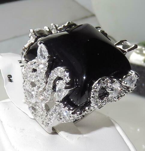 Jewellery Kingdom Ladies Black Cocktail Cz 4 Carat Statement Jet Square Rhodium Silver Ring - Jewelry Rings - British D'sire