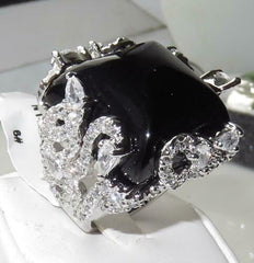 Jewellery Kingdom Ladies Black Cocktail Cz 4 Carat Statement Jet Square Rhodium Silver Ring - Jewelry Rings - British D'sire