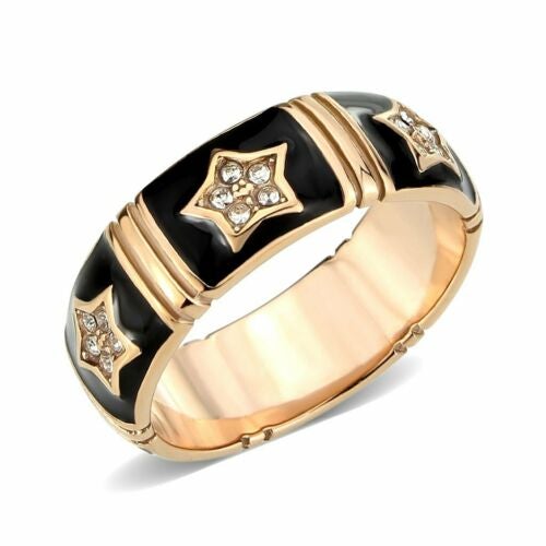 Jewellery Kingdom Ladies Black Enamel Star Band 7mm Cubic Zirconia Ring (Gold) - Rings - British D'sire