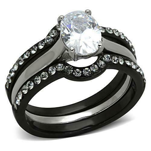 Jewellery Kingdom Ladies Black Wedding Engagement Cz Bands Stainless Steel Ring Set - Jewelry Rings - British D'sire Main image
